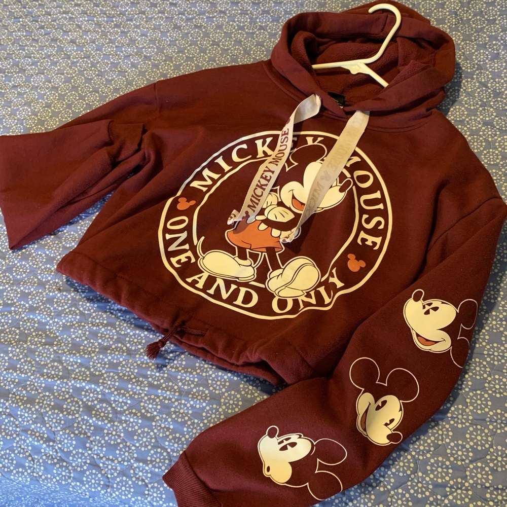 Disney Mickey Mouse Unisex Crop Top Hoodie. Dark Red, Wine, Maroon Size Small